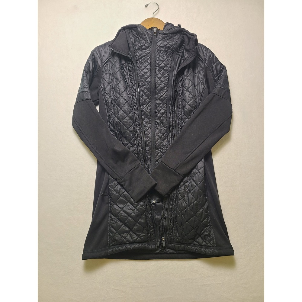Athleta Sm Hybrid Quilted Long Jacket Activewear Black Hooded Thumbhole Gorpcore